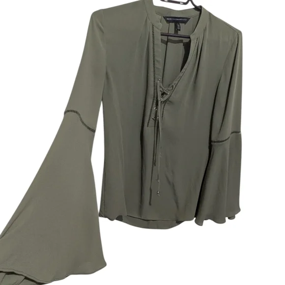 White House Black Market Olive Green Lace-Up Henley Blouse Size 2 Flowy Long Sle - Picture 3 of 13